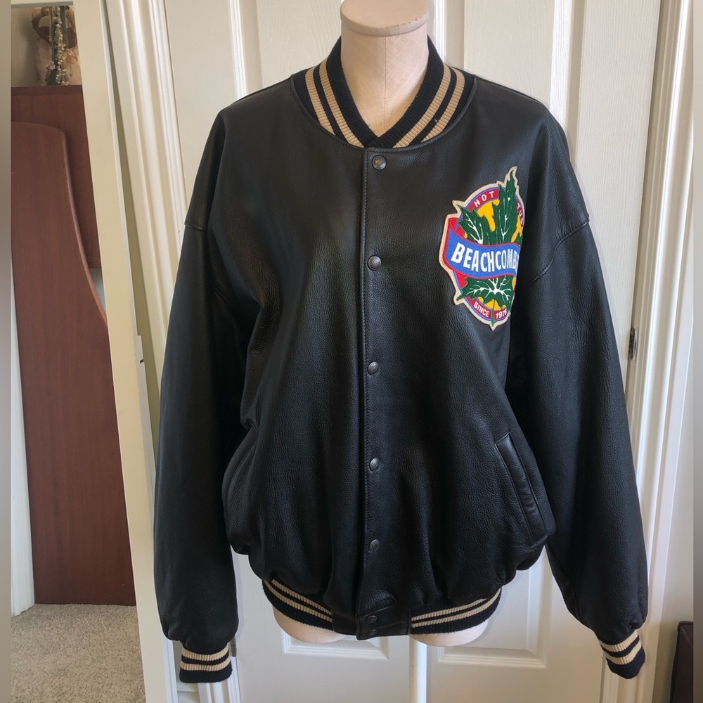 Roots Canada Vintage Mens leather Black Bomber varsity jacket